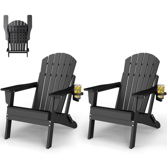 Pipopa Folding Adirondack Chair Set of 2 with Cup Holder,HDPE All Weather Outdoor Fire Pit Chair for Patio,Poolside,Garden,Black