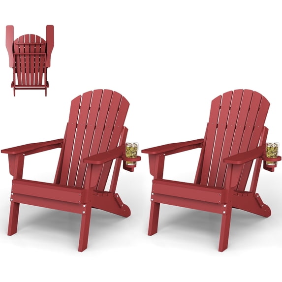 Pipopa Folding Adirondack Chair Set of 2 with Cup Holder,HDPE All Weather Outdoor Fire Pit Chair for Patio,Poolside,Garden,Red