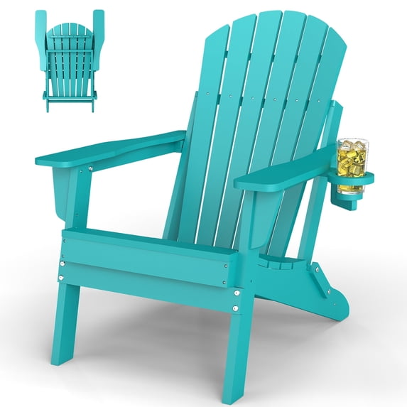 Pipopa Folding Adirondack Chair with Cup Holder,HDPE All Weather Outdoor Fire Pit Chair for Patio,Poolside,Garden,Aqua
