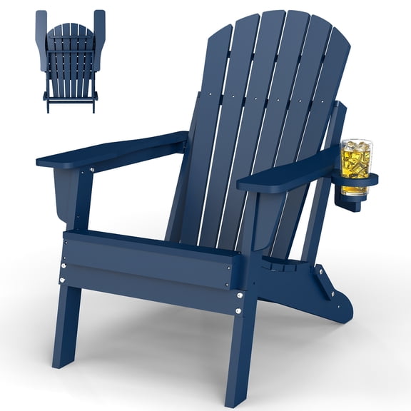 PIPOPA Folding Adirondack Chair with Cup Holder,HDPE All Weather Outdoor Fire Pit Chair for Patio,Poolside,Garden,Blue