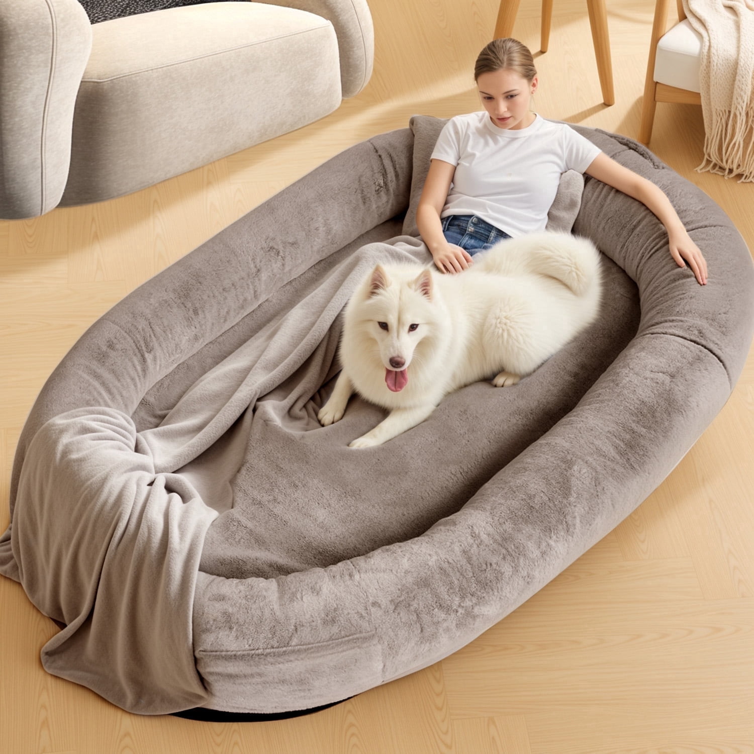 Pipopa Human Dog Bed,71"x45"x14"Large Size fits for adults&Pets,Washable Cover Dog Bed with Pillow and Blanket,Extra Large Human Size Beanbag Bed,Camel
