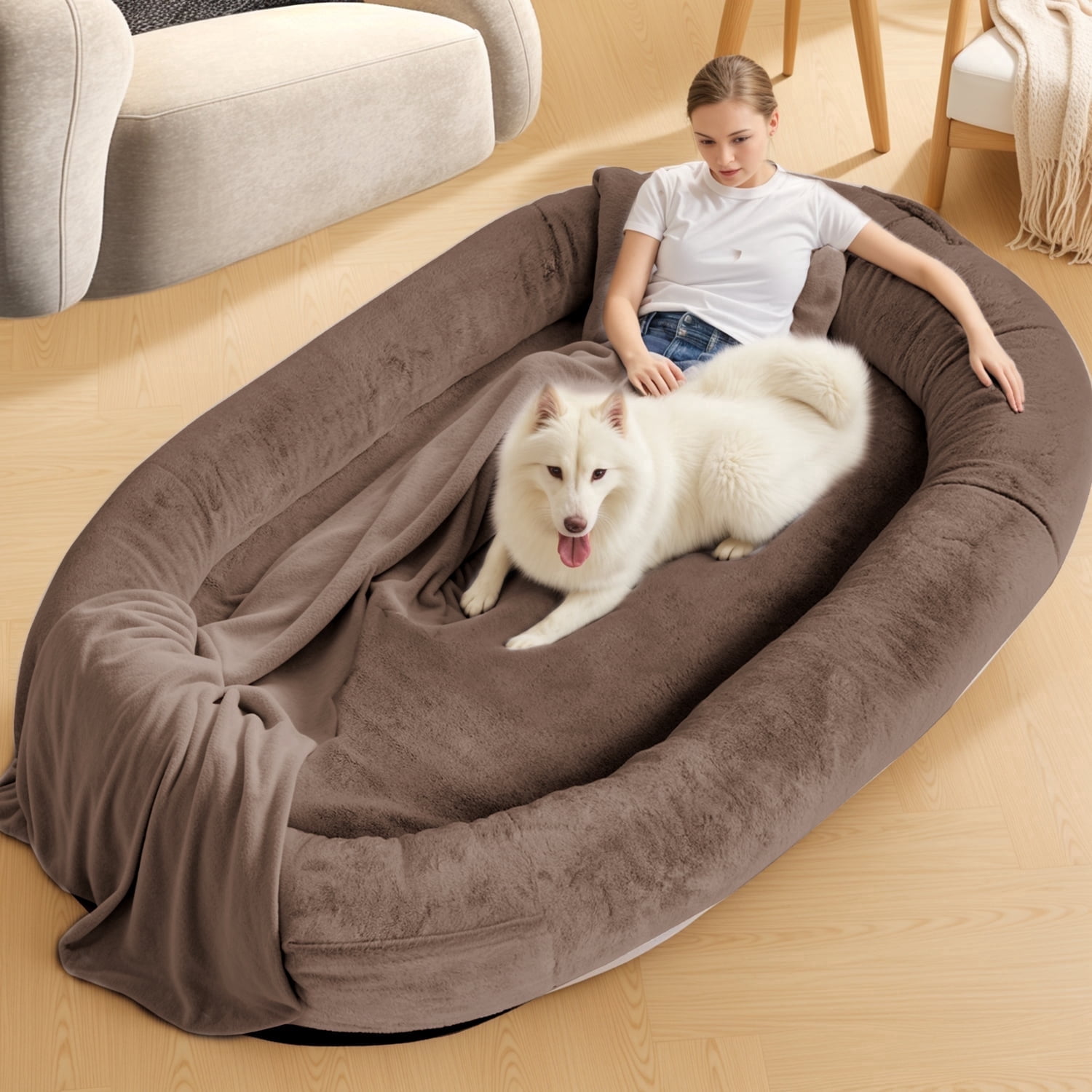 Pipopa Human Dog Bed,71"x45"x14"Large Size fits for adults&Pets,Washable Cover Dog Bed with Pillow and Blanket,Extra Large Human Size Beanbag Bed,Dark Brown