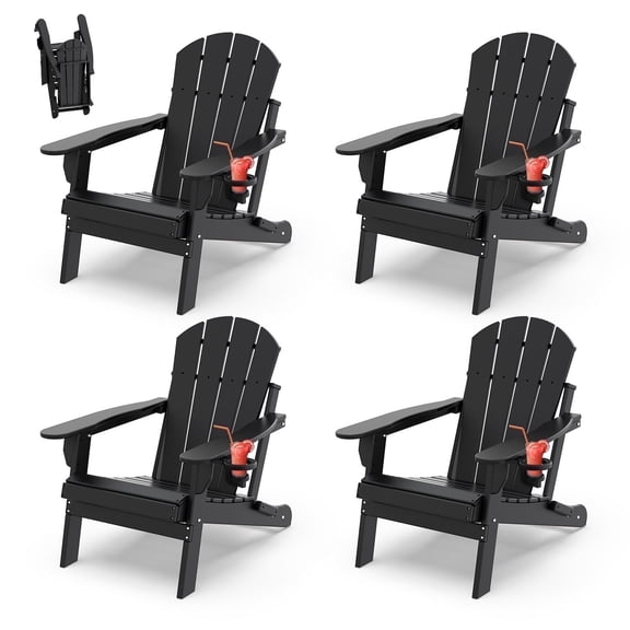 FODINGHILL Outdoor Folding Adirondack Chair Set of 4, HDPE All Weather Patio Chair with Cup Holder for Deck Backyard Garden, Black