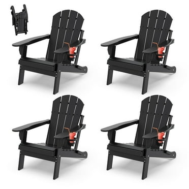 PIPOPA Outdoor Folding Adirondack Chair Set of 4, HDPE All Weather Patio Chair with Cup Holder for Deck Backyard Garden, Black