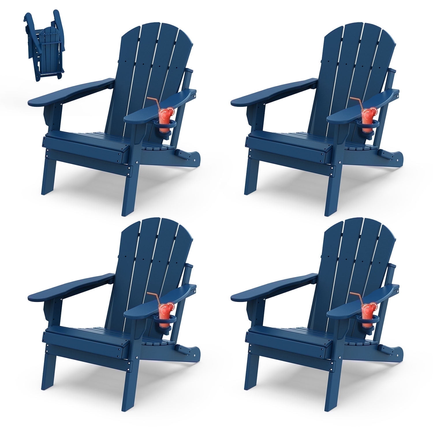 FODINGHILL Outdoor Folding Adirondack Chair set of 4, HDPE All Weather Patio Chair with Cup Holder for Deck Backyard Garden, Blue