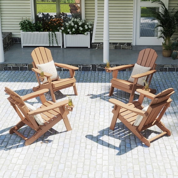 FODINGHILL Outdoor Folding Adirondack Chair set of 4, HDPE All Weather Patio Chair with Cup Holder for Deck Backyard Garden, Teak