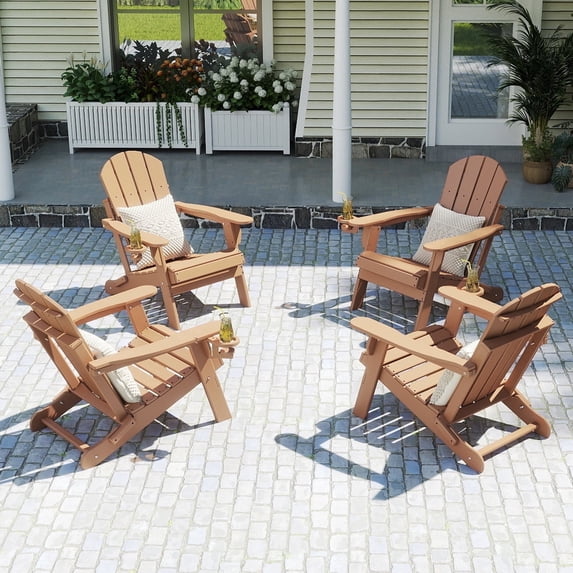 FODINGHILL Outdoor Folding Adirondack Chair set of 4, HDPE All Weather Patio Chair with Cup Holder for Deck Backyard Garden, Teak