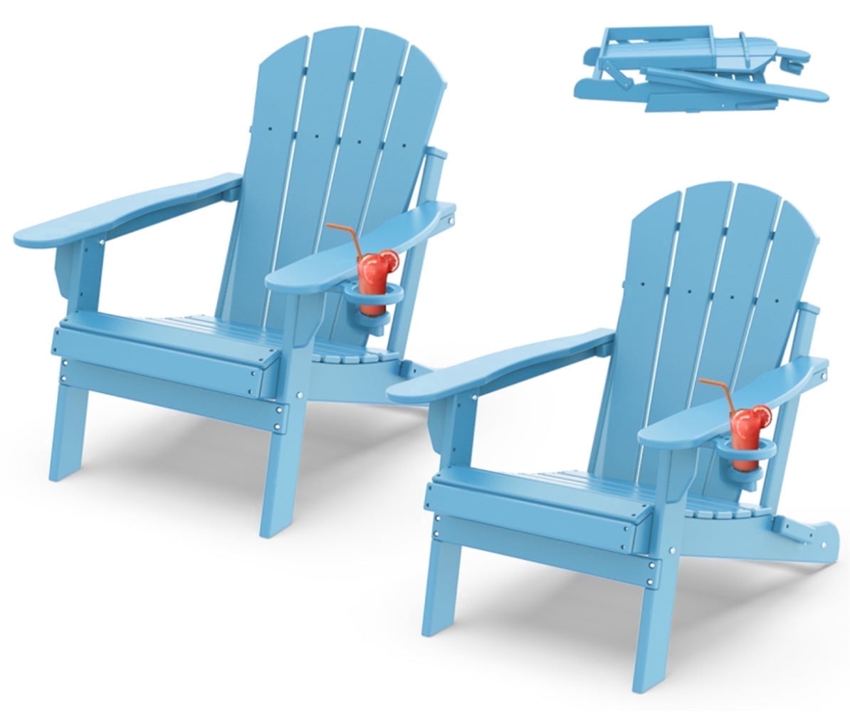 FODINGHILL Outdoor Folding Adirondack Chair set of 2, HDPE All Weather Patio Chair with Cup Holder for Deck Backyard Garden, Arctic