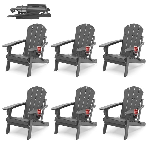 FODINGHILL Outdoor Folding Adirondack Chair set of 6, HDPE All Weather Patio Chair with Cup Holder for Deck Backyard Garden, Gray