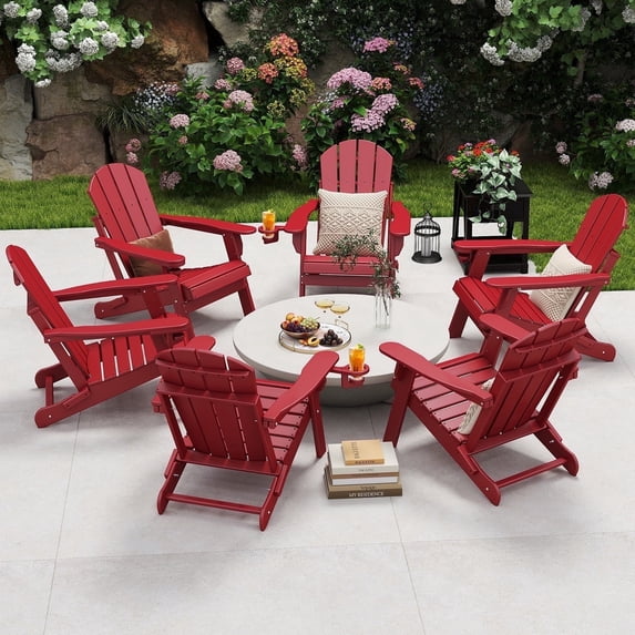 FODINGHILL Outdoor Folding Adirondack Chair set of 6, HDPE All Weather Patio Chair with Cup Holder for Deck Backyard Garden, Red
