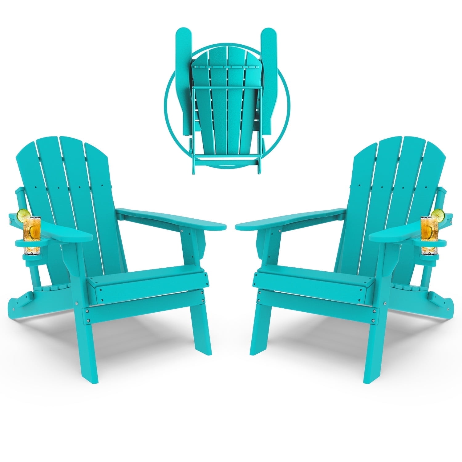 Pipopa Outdoor Folding HDPE Adirondack Chair Set of 2 with Cup Holder,All-Weather Patio Chair for Garden,Backyard,Pool,Aqua