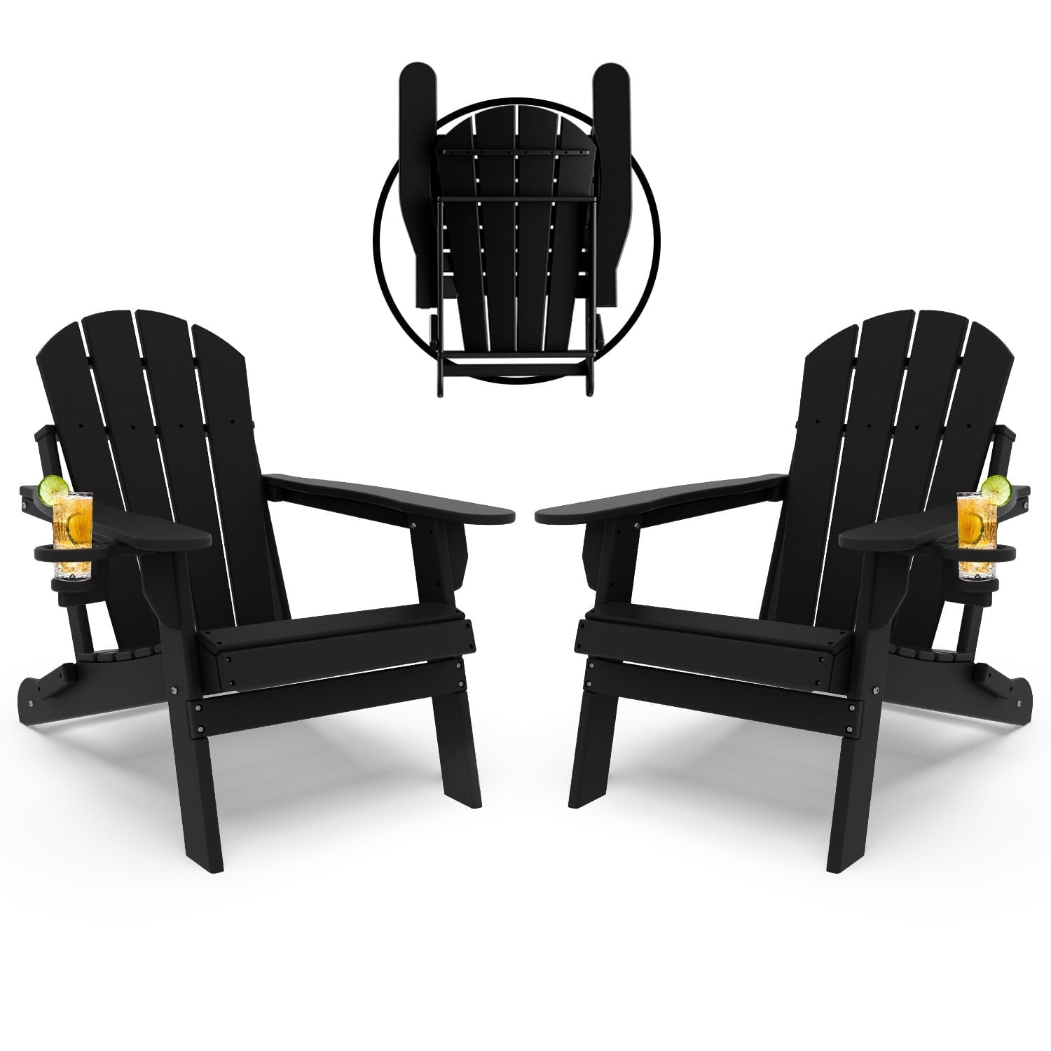 Pipopa Outdoor Folding HDPE Adirondack Chair Set of 2 with Cup Holder,All-Weather Patio Chair for Garden,Backyard,Pool,Black