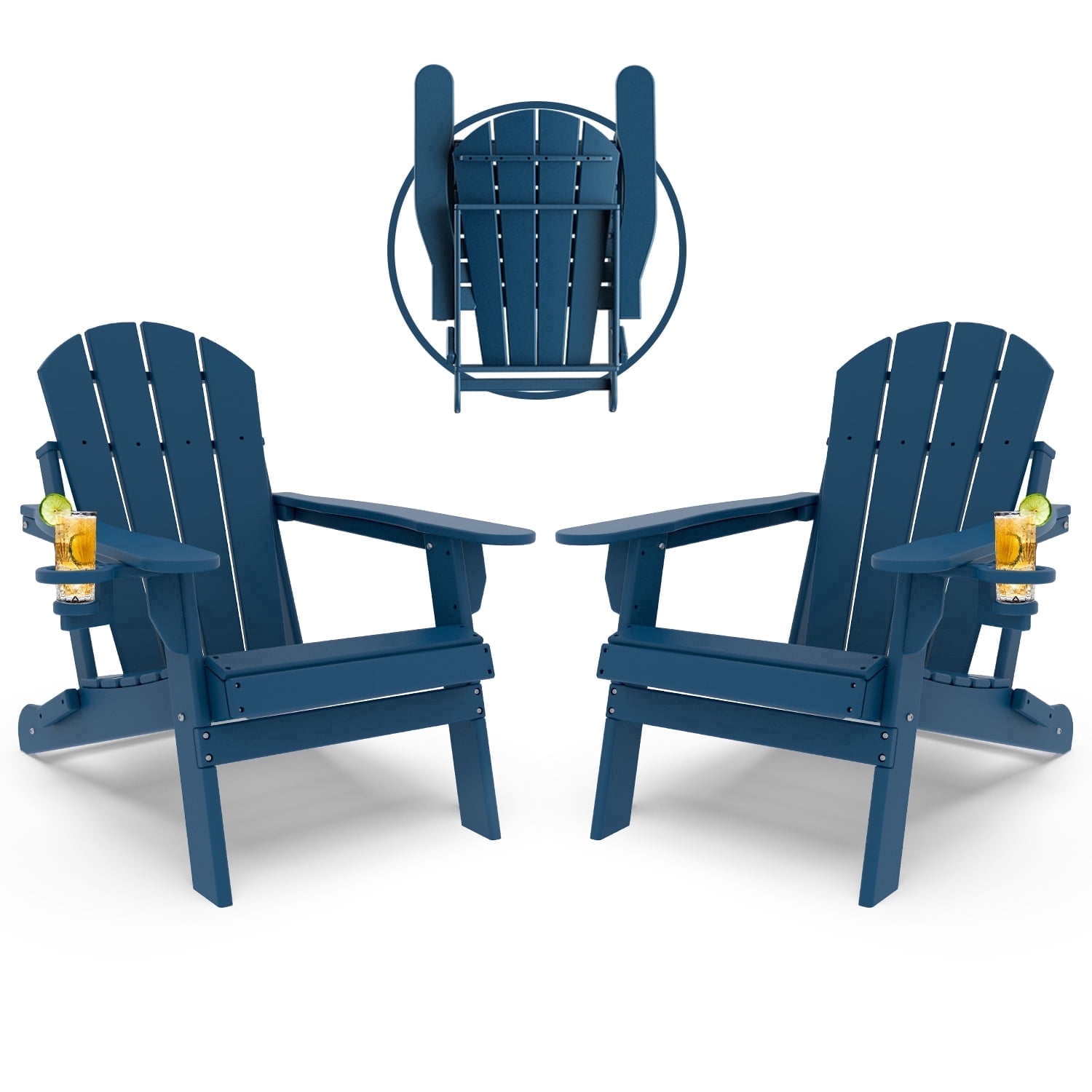 Pipopa Outdoor Folding HDPE Adirondack Chair Set of 2 with Cup Holder,All-Weather Patio Chair for Garden,Backyard,Pool,Blue