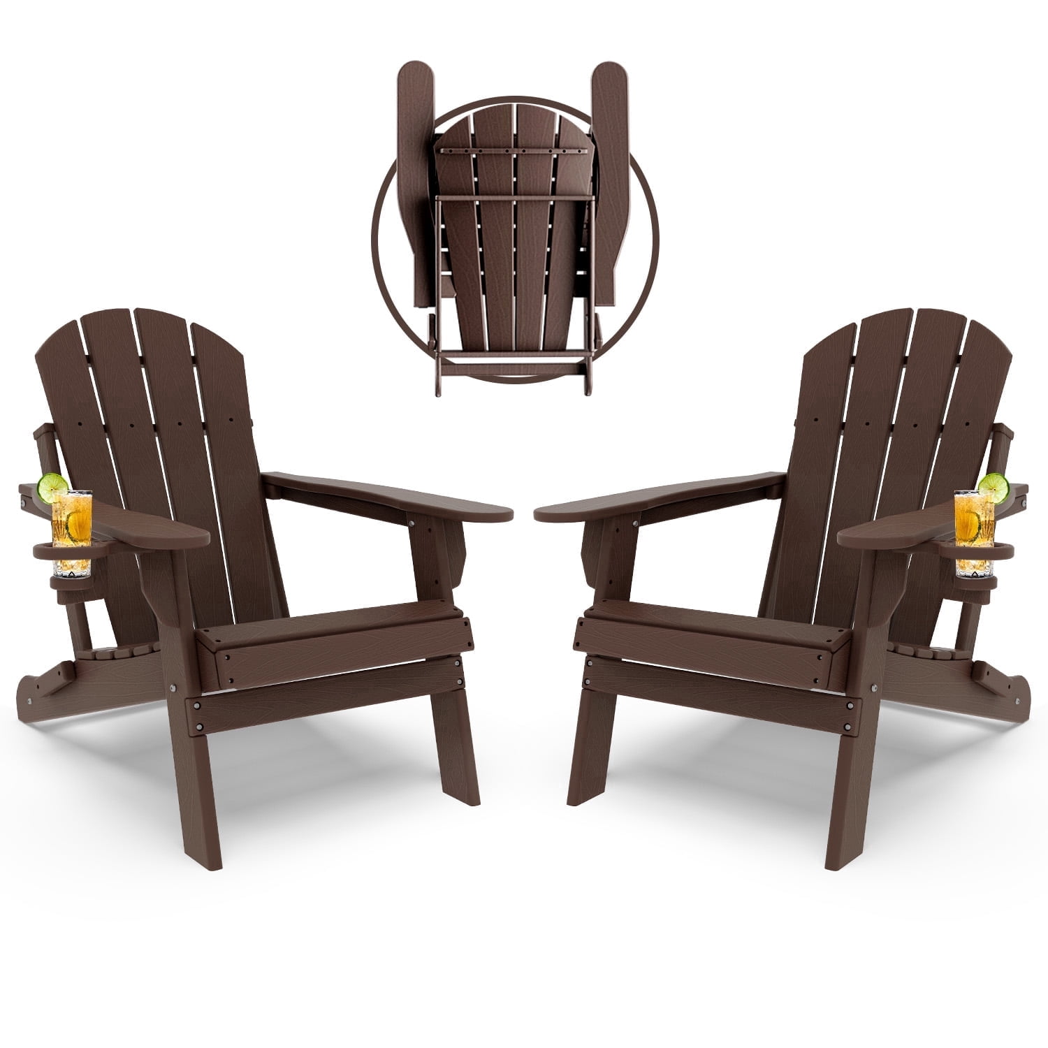 Pipopa Outdoor Folding HDPE Adirondack Chair Set of 2 with Cup Holder,All-Weather Patio Chair for Garden,Backyard,Pool,BrownWood