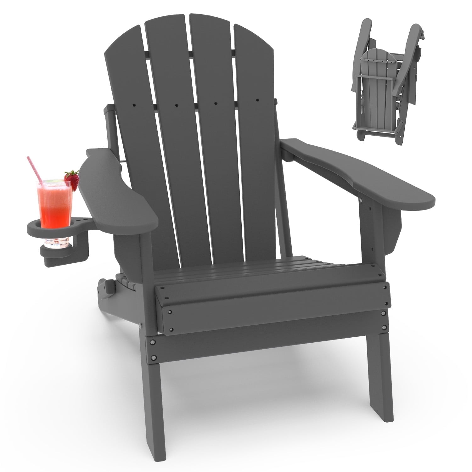 Pipopa Outdoor Folding HDPE Adirondack Chair with Cup Holder,All-Weather Patio Chair for Garden,Backyard,Pool,Grey