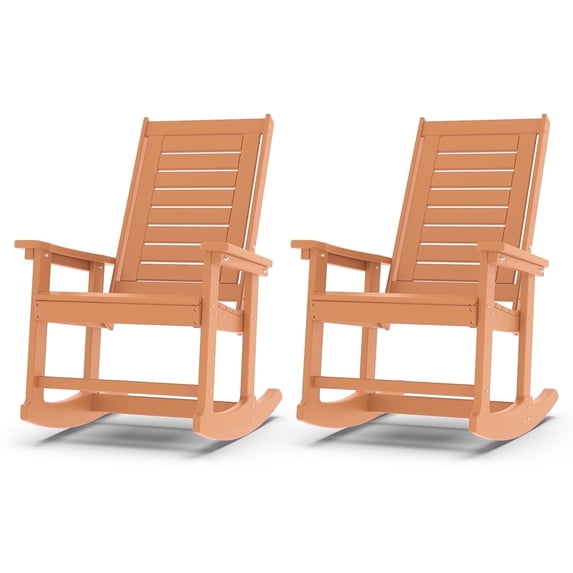 FODINGHILL Outdoor Rocking Chair Set of 2,HDPE Oversized Rocking Chair Outdoor,High Back Rocking Patio Chairs for Porch Garden Balcony,Teak