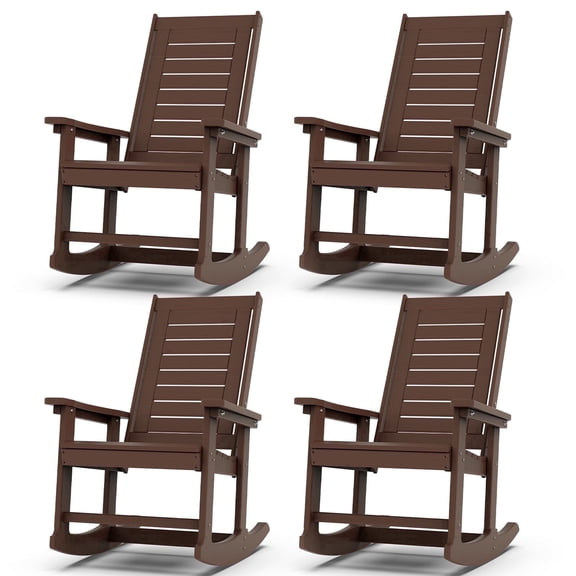 FODINGHILL Outdoor Rocking Chair Set of 4,HDPE Oversized Rocking Chair Outdoor,High Back Rocking Patio Chairs for Porch Garden Balcony,BrownWood