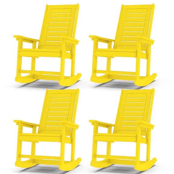 FODINGHILL Outdoor Rocking Chair Set of 4,HDPE Oversized Rocking Chair Outdoor,High Back Rocking Patio Chairs for Porch Garden Balcony,Yellow
