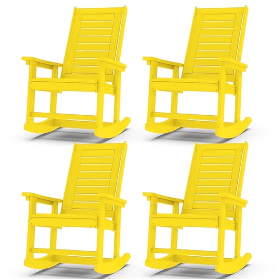 FODINGHILL Outdoor Rocking Chair Set of 4,HDPE Oversized Rocking Chair Outdoor,High Back Rocking Patio Chairs for Porch Garden Balcony,Yellow