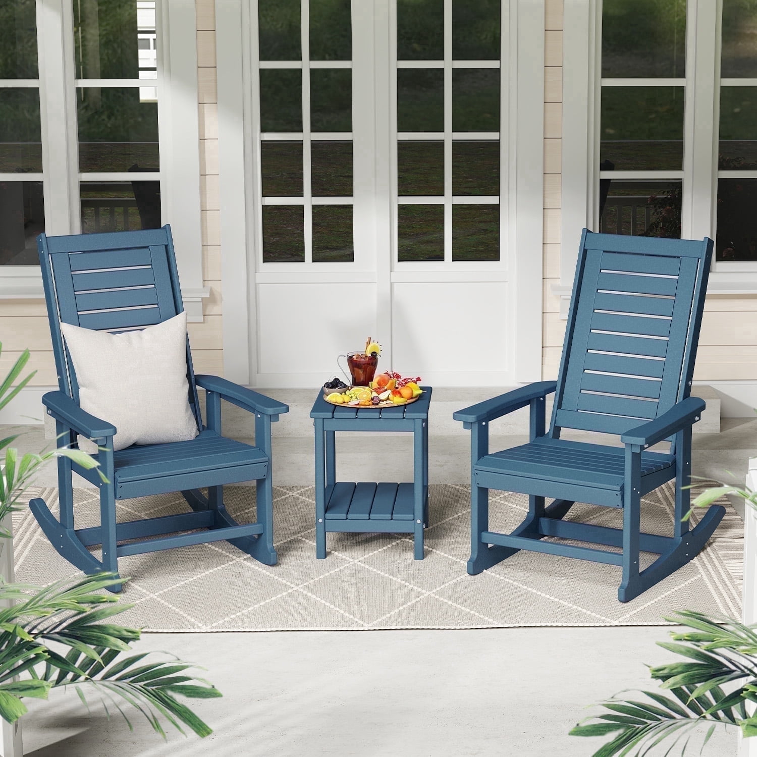 FODINGHILL Outdoor Rocking Chair Set,2 Rocking Chairs with 1 Side Table,HDPE Patio Furniture Sets,High Back Porch Rocker,2-Tier End Table for Backyard Garden Balcony,Blue