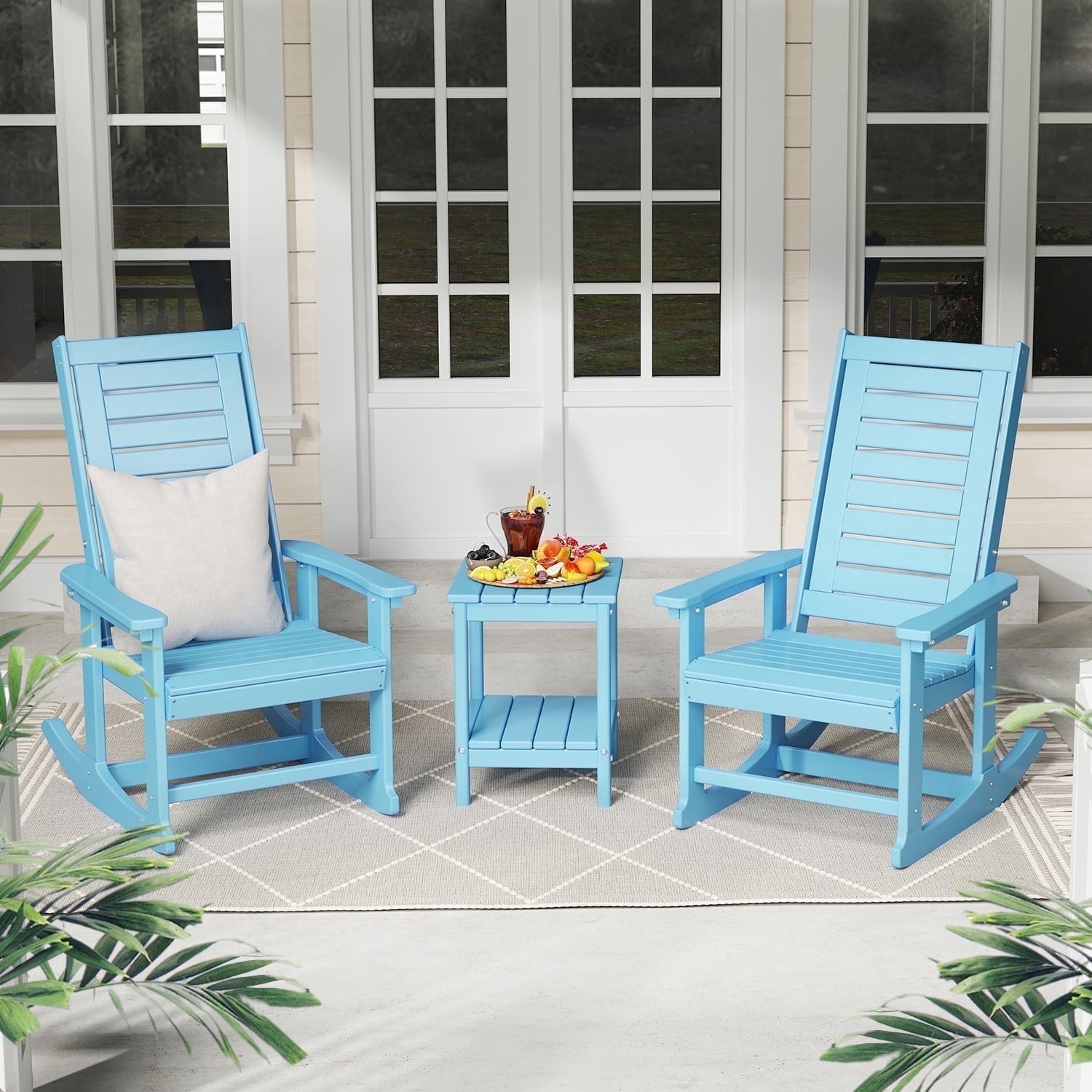 FODINGHILL Outdoor Rocking Chair Set,2 Rocking Chairs with 1 Side Table,HDPE Patio Furniture Sets,High Back Porch Rocker,2-Tier End Table for Backyard Garden Balcony,Arctic