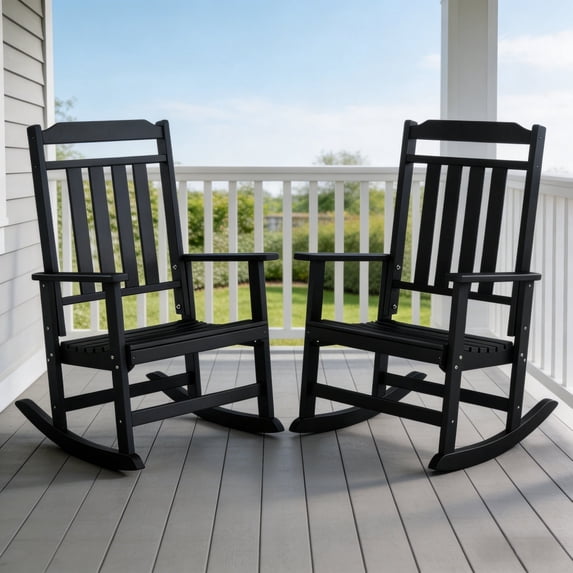 Pipopa Outdoor Rocking Chair Set of 2,HDPE All Weather Patio Rocker for Lawn,Porch,Garden,Black