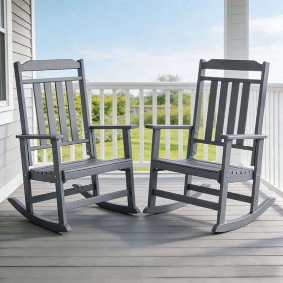 Pipopa Outdoor Rocking Chair Set of 2,HDPE All Weather Patio Rocker for Lawn,Porch,Garden,Grey