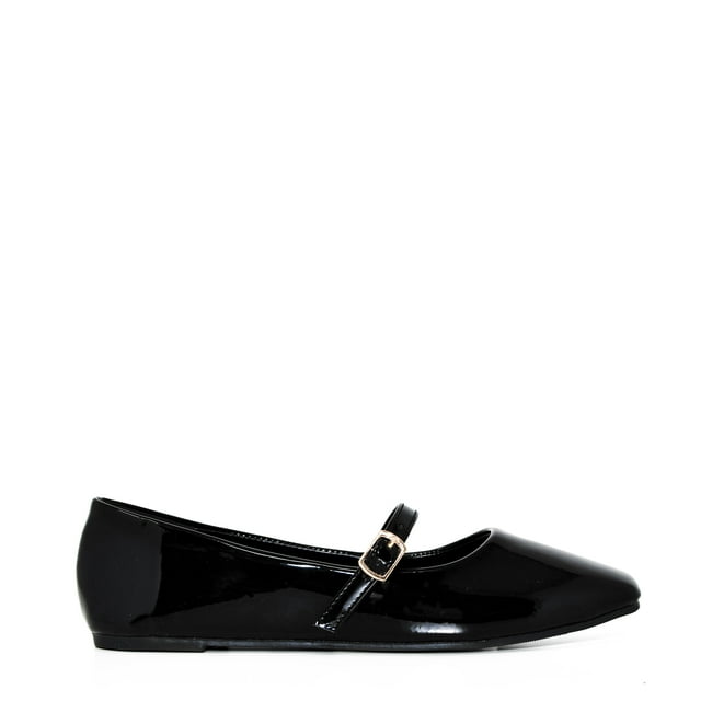 PIPPO-08 Patent Square Toe Single Strap Mary Jane Ballet Flats  (Black, 9)