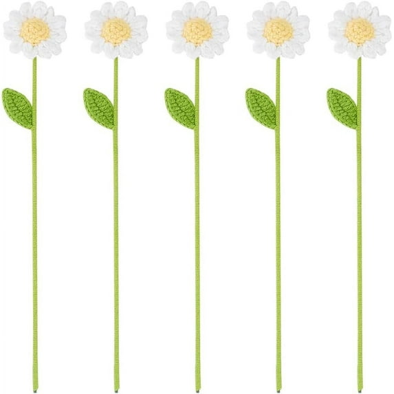 PIRE 5pcs Handmade Crochet Daisy Flower Ornaments 12.4inch Knitted Daisy Bouquet Flowers Crochet Wool Yarn Daisy Flower Ornaments for Home Decorations Charming Chamomile Gifts