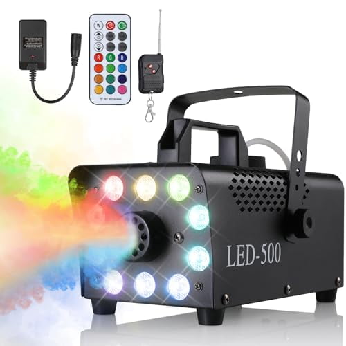 PIRECART Fog Machine, Smoke Machine with 10 LED,500W, Light 13 Color Lights Effect, 2 Wireless & 1 Wired Remote Control