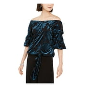 PISARRO NIGHTS Womens Teal Tie Front Printed Short Sleeve Off Shoulder Top Petites PM