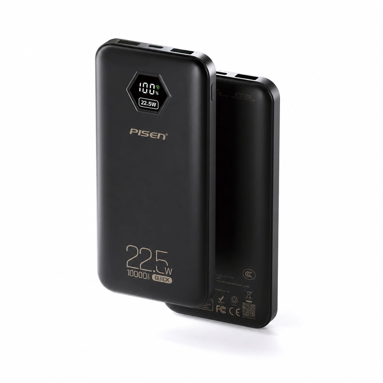 PISEN 10000mAh 3C Certified Power Bank, 22.5W Fast Charging Portable Charger with LED Display, USB-C & Dual USB-A Ports for iPhone, Samsung, Android Devices