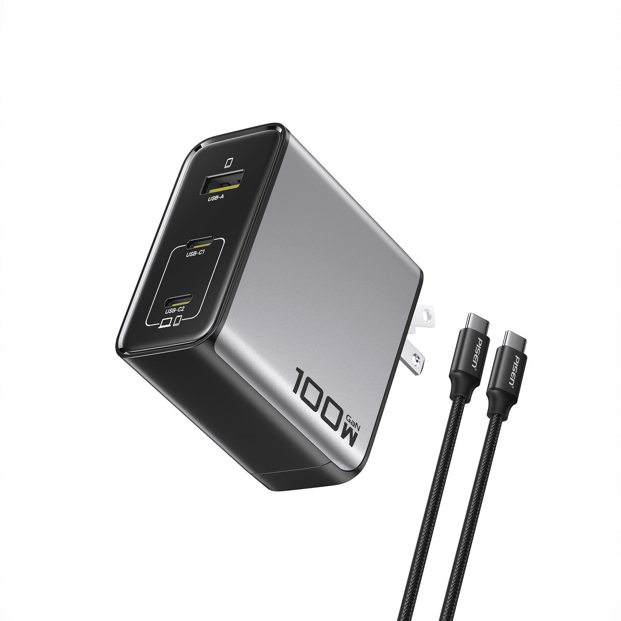 PISEN 100W USB C Charger - 3-Port GaN USB C Charging Block with 6FT Type C Cable, Foldable Plug phone charger,100W Fast Charging for iPhone 17/16 and more serie, Samsung, Pixel, iPad