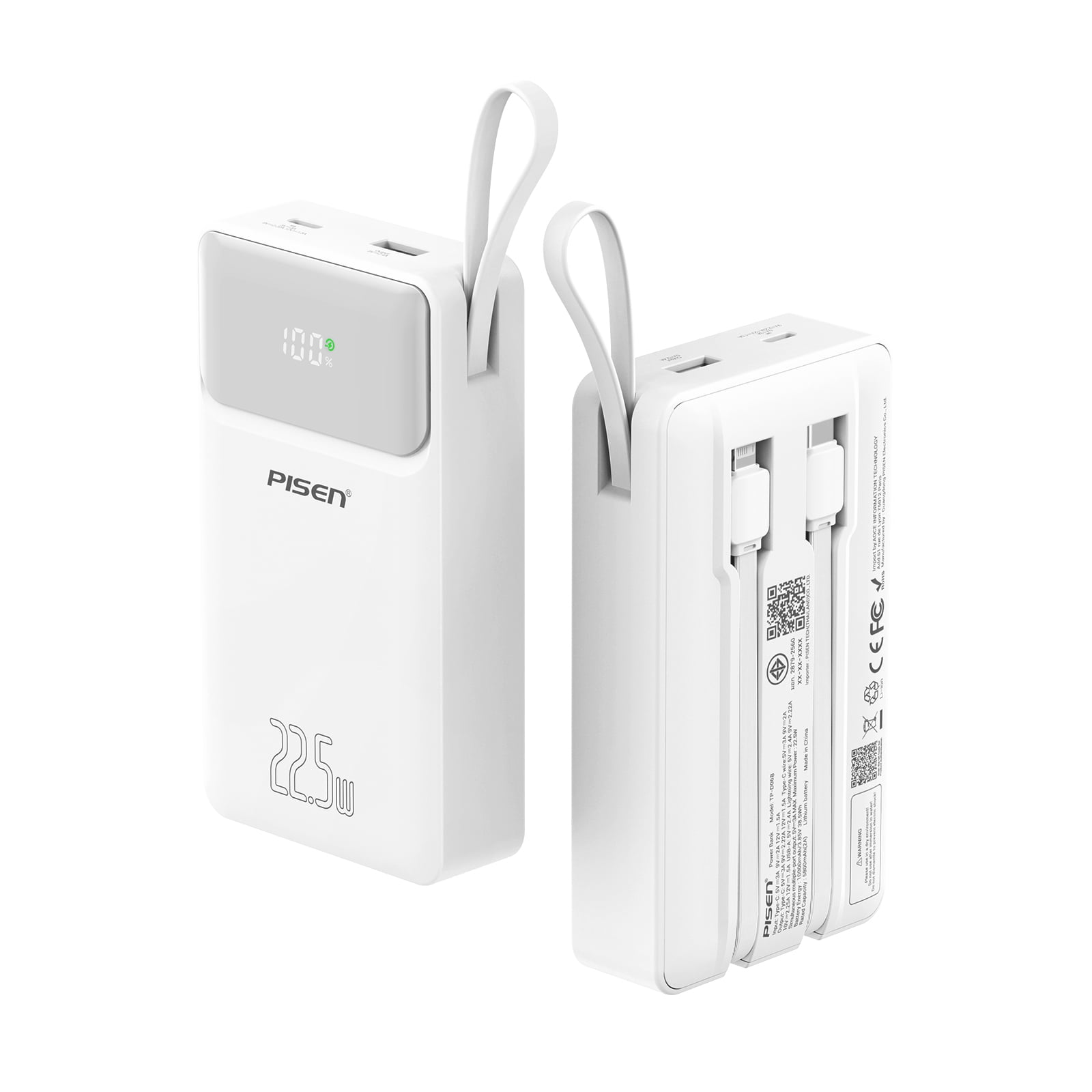 PISEN 20000mAh Portable Charger, 22.5W Fast Charging Power Bank with 2 Built-in Cables, LED Display Battery Pack for iPhone, Samsung, Android Devices, Travel