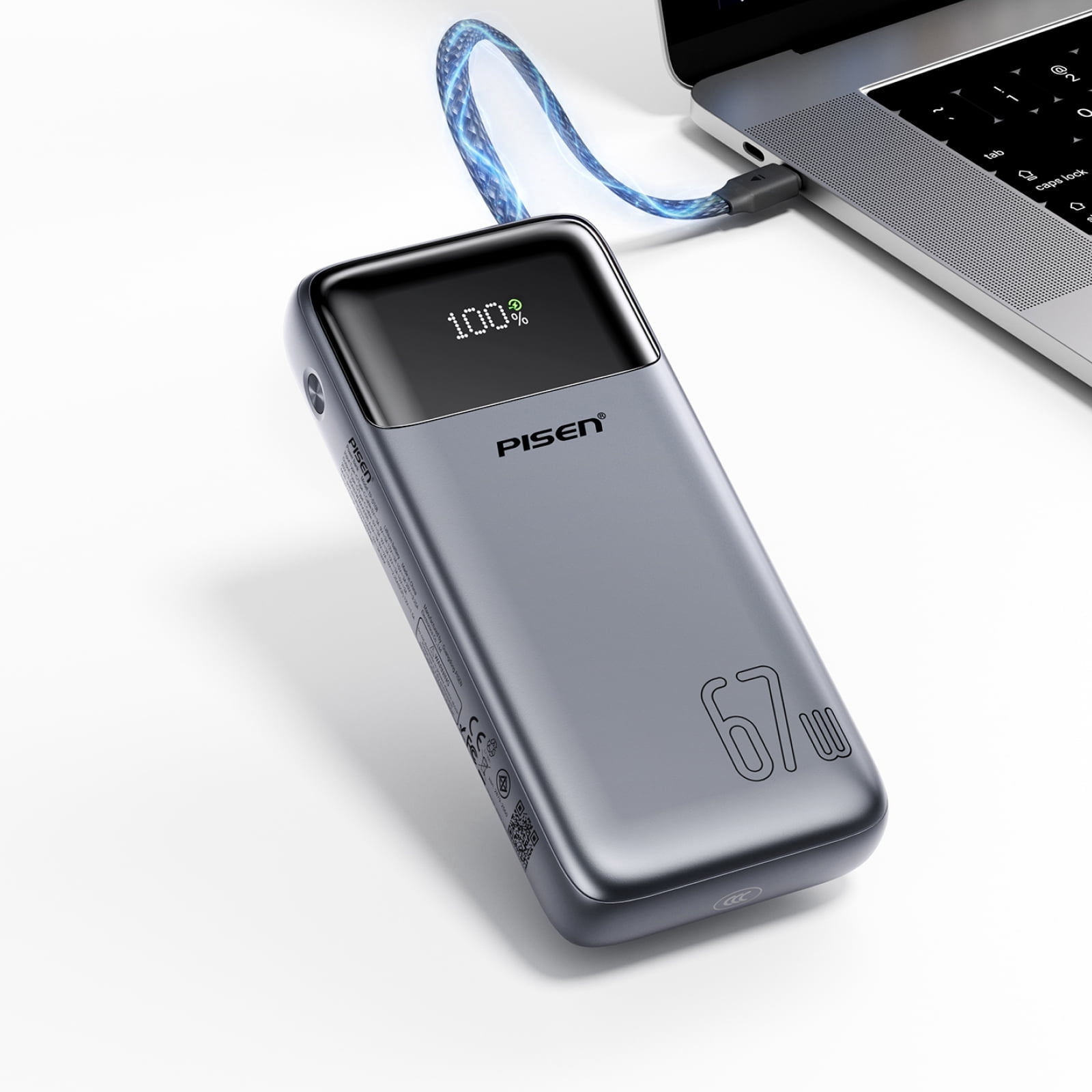 PISEN 3C Certified Power Bank - 20000mAh 67W Power Bank with Built in Cable,Travel Battery Pack Portable 3C Charger with LED Display, Portable Charger with Built in Cable for iPhone, Samsung and More