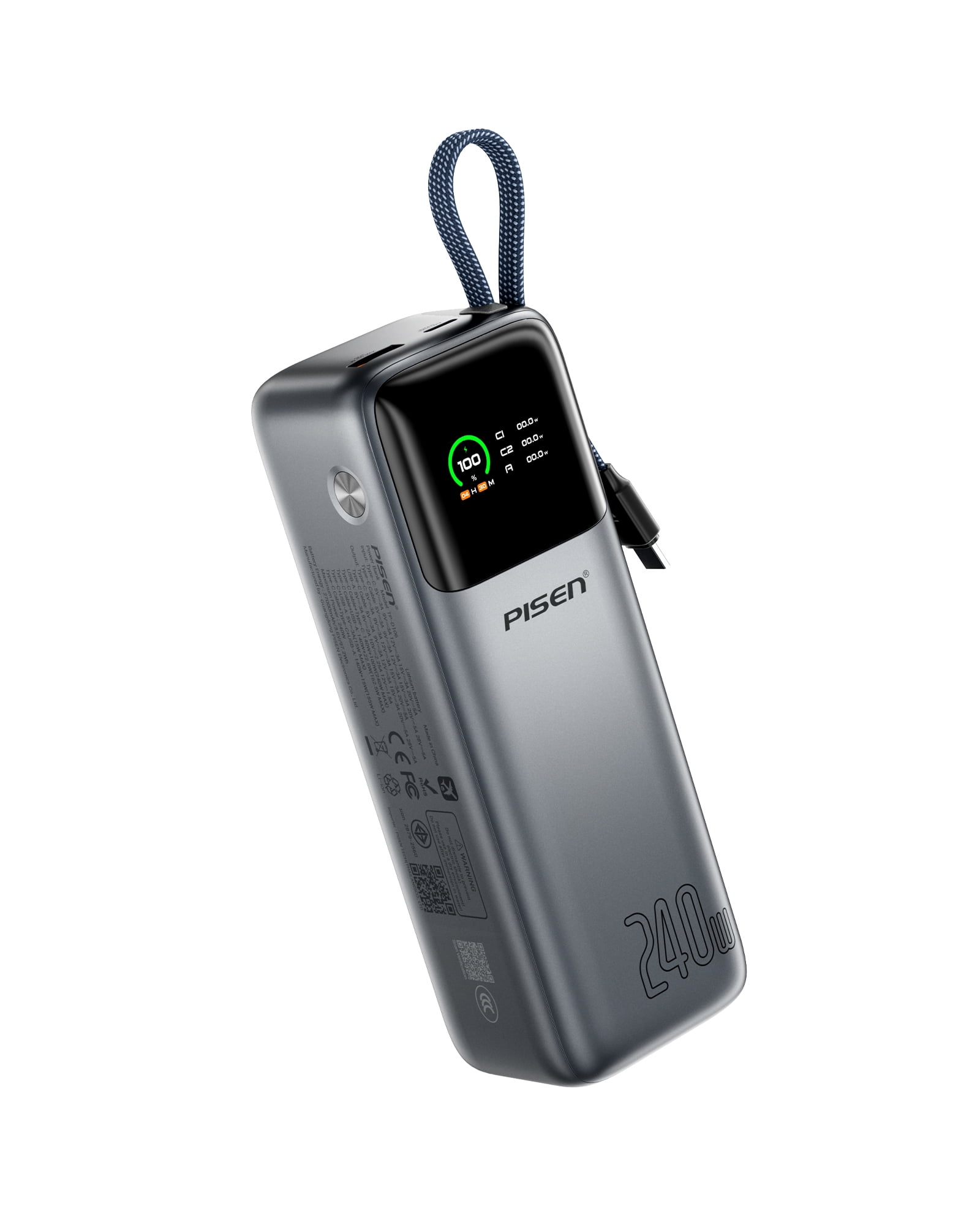 PISEN 3C Certified Power Bank, 27000mAh 240W Power Bank with Built in Cable, Travel Battery Pack Portable 3C Charger with LED Display, Portable Charger with Built in Cable for iPhone, Samsung and mor