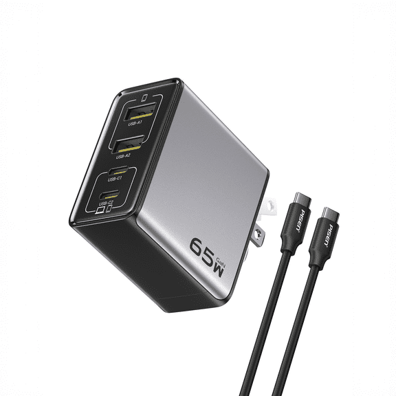 PISEN 65W USB C Charger ,4-Port GaN Fast Charging Block , Foldable Plug Charger, Fast Charging Block for iPhone 17/16 and more serie, Samsung, Pixel, iPad ,MacBook Pro/Air(4FT C to C Cable Included)