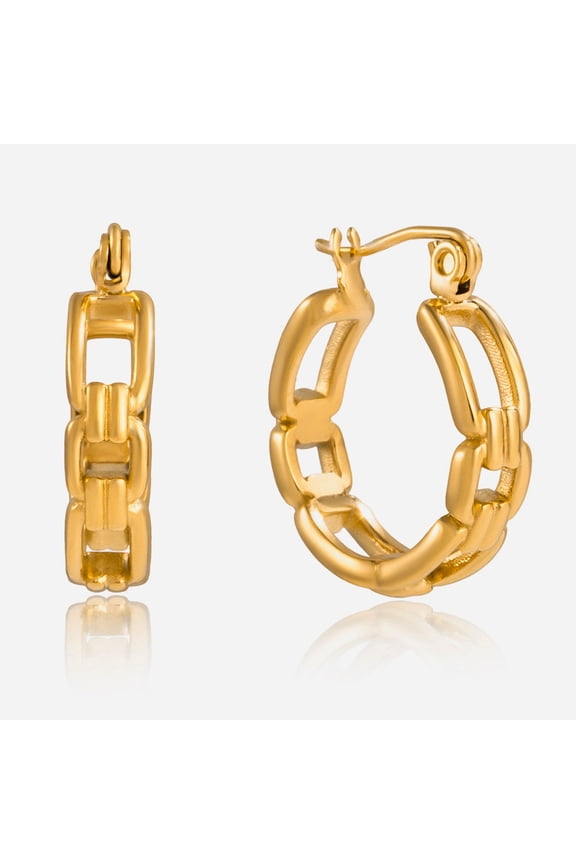 18K Gold Plated Stainless Steel Chain Link Hoop Earrings, Hollow Out Design Tarnish-Resistant Minimalist Huggie Hoops, Classic Versatile Jewelry for Women