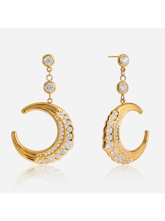 18K Gold Plated Stainless Steel Crescent Moon Drop Earrings, Classic Round Cubic Zirconia Dangle Moon Pendant Earrings, Hypoallergenic Luxury Celestial Earrings for Women