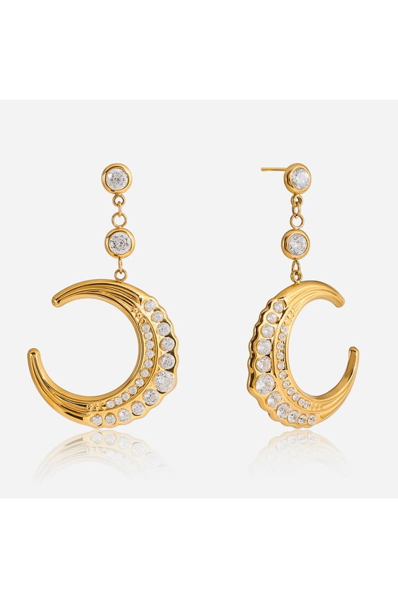 18K Gold Plated Stainless Steel Crescent Moon Drop Earrings, Classic Round Cubic Zirconia Dangle Moon Pendant Earrings, Hypoallergenic Luxury Celestial Earrings for Women