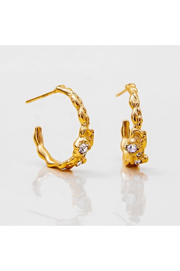 18K Gold-Plated Stainless Steel Paved CZ Hammered C-Shaped Hoop Earrings for Women Fashion Trendy Wedding Jewelry Gifts