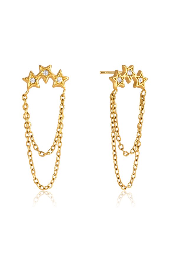 18K Gold Plated Stainless Steel Star Rhinestone Double Chain Tassel Drop Stud Earrings, Versatile Long Dangle Earrings for Women