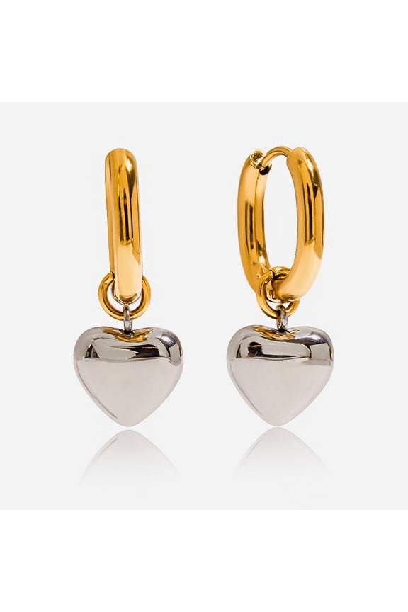 18K Gold Plated Stainless Steel Two-Tone Huggie Hoop Earrings with Silver Heart Charm, Hypoallergenic Two-Tone Love Drop Earrings, Classic Modern Jewelry for Women