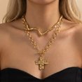 thumbnail image 1 of PISONIC 2‑Layer Irregular Gold Necklace Set,Textured Cross Pendant & Wavy Choker for Women, 1 of 8