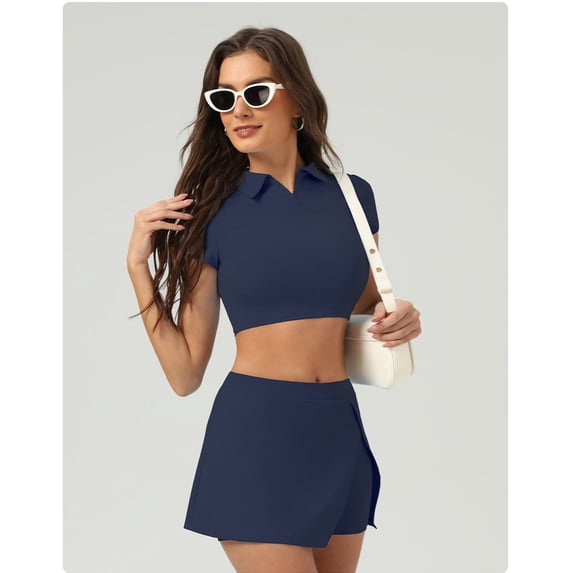 PISONIC 2 Piece Tennis Dress for Women High Waist Pleated Tennis Skirt with Shorts Short Sleeve Crop Golf Workout Skirts Sets