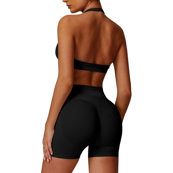 PISONIC 2 Piece Womens Workout Set Halter Neck Straps Sport Bra Matching Booty Lifting Shorts Gym Yoga Active Outfits
