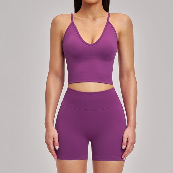 PISONIC 2 Piece Workout Sets for Women Cross Back V Neck Tank Top Matching High Waist Biker Shorts Gym Sets