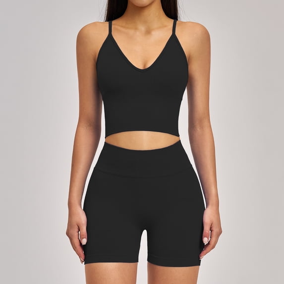 PISONIC 2 Piece Workout Sets for Women Cross Back V Neck Tank Top Matching High Waist Biker Shorts Gym Sets