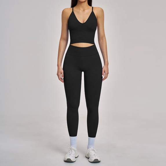 PISONIC 2 Piece Workout Sets for Women Cross Back V Neck Tank Top Matching High Waist Leggings Gym Sets