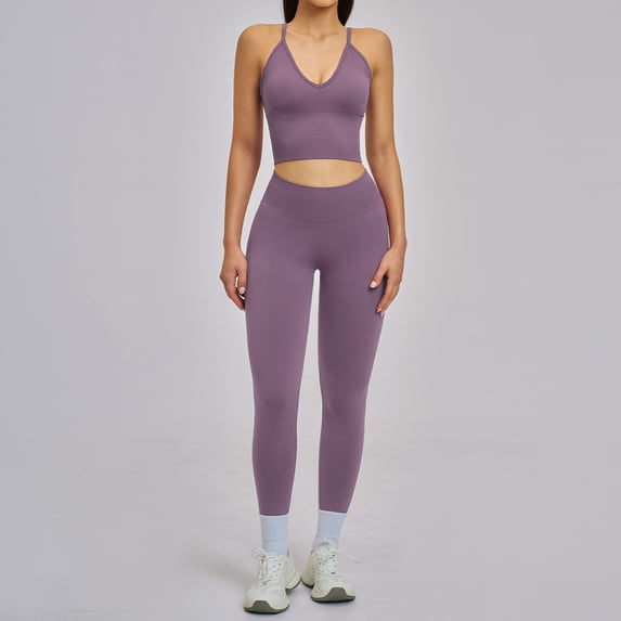 PISONIC 2 Piece Workout Sets for Women Cross Back V Neck Tank Top Matching High Waist Leggings Gym Sets